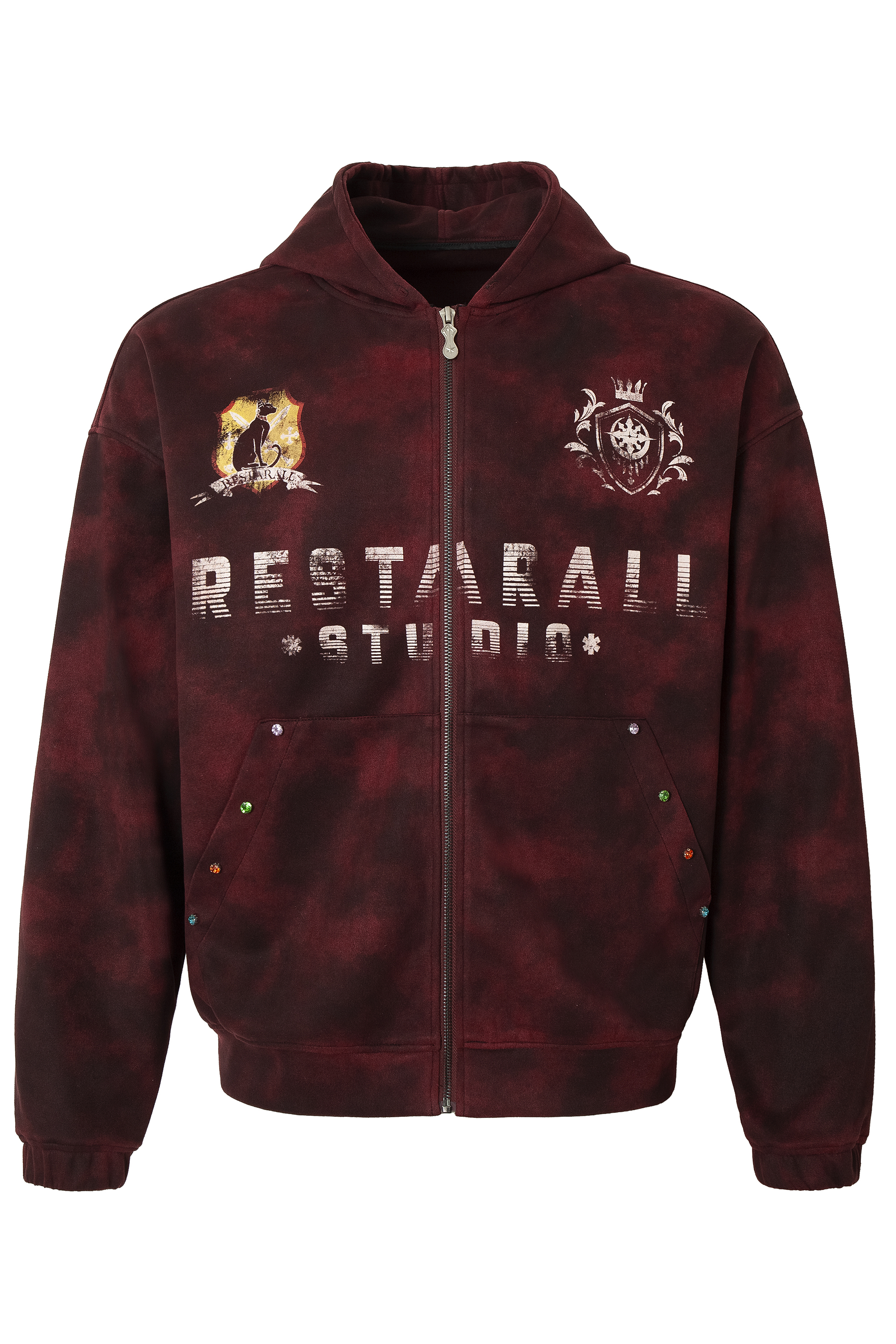 Tie Dye Hoodie Jacket Burgundy Long Sleeve Coat