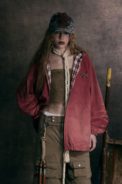 Hoodie Denim Jacket Red Plaid Reversible Long Sleeve Coat