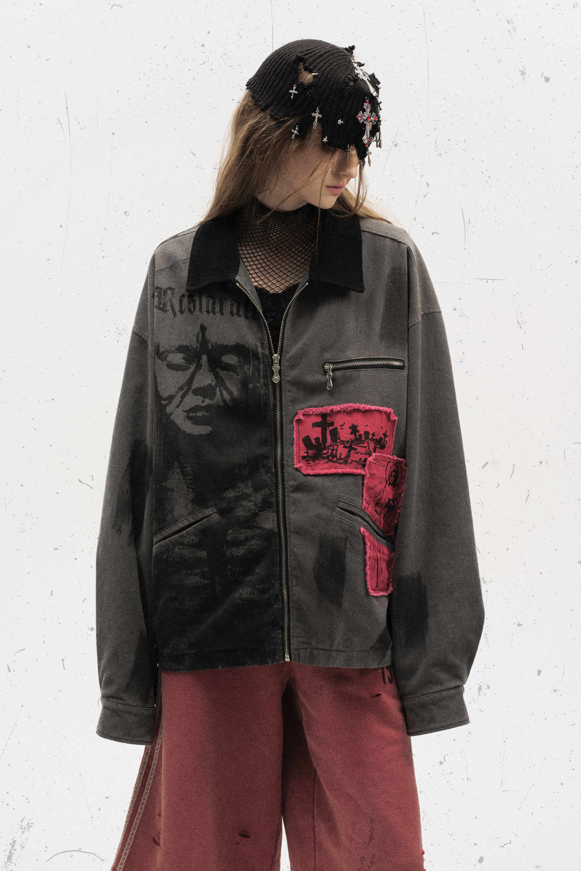Abstract Jacket Gray Print Lapel Long Sleeve 