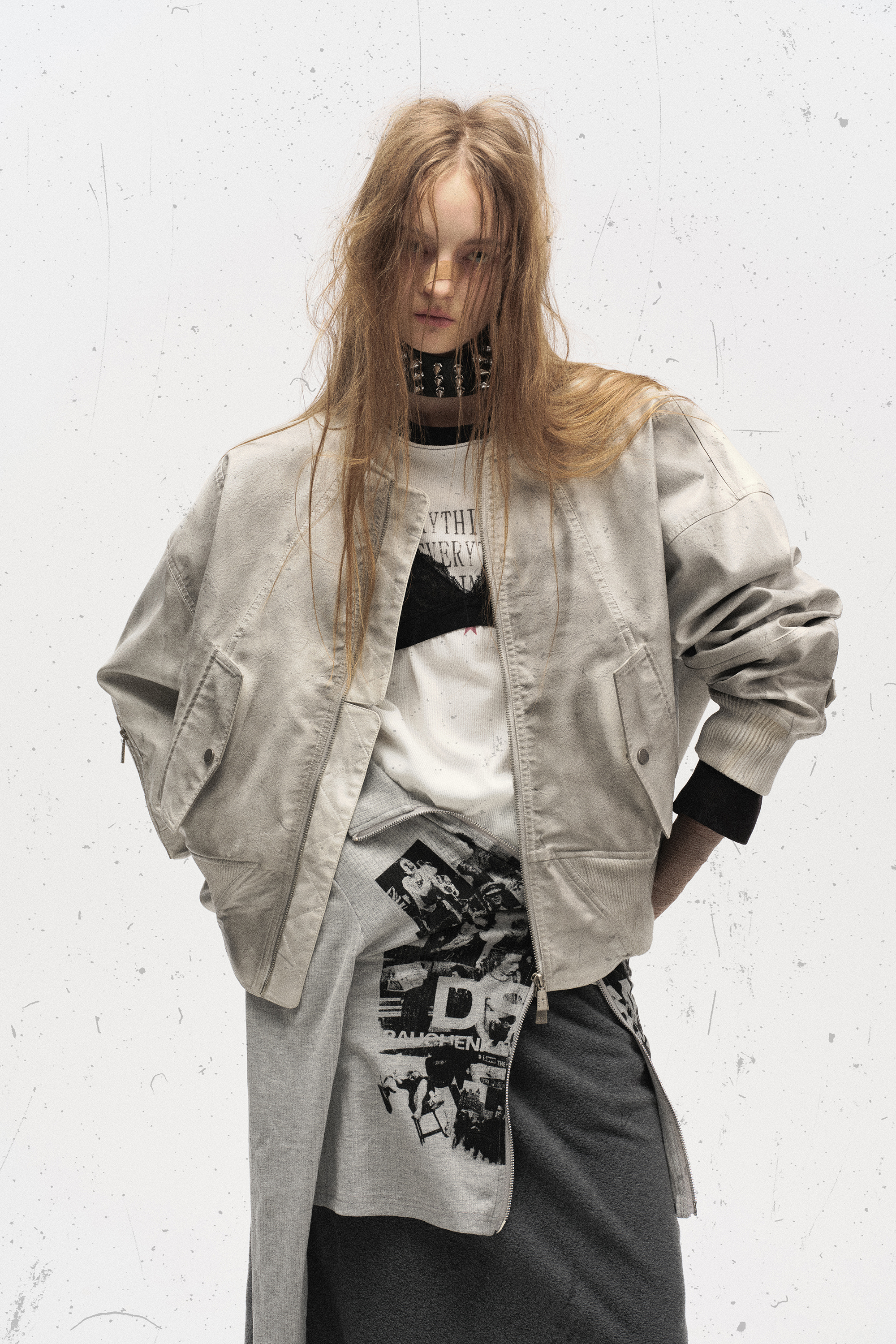 Cargo PU Bomber Jacket Gray Tie Dye Long Sleeve 