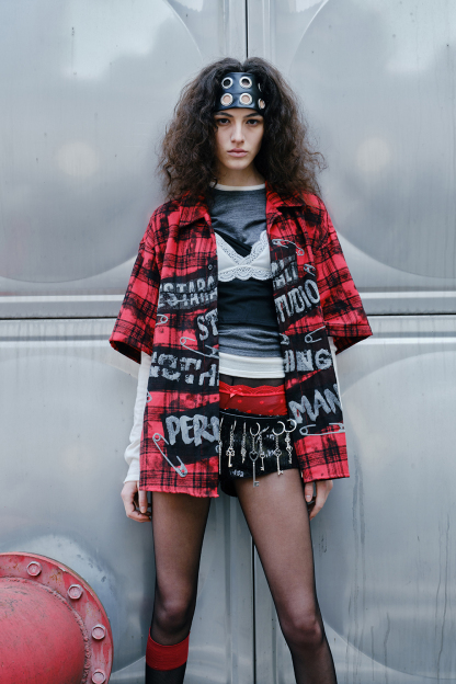 Shirt Jacket Red Plaid Pin Patch Unisex Short Sleeve Top 