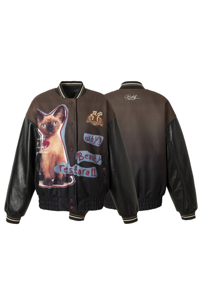 Winter Bomber Jacket Brown Cat Long Sleeve Coat