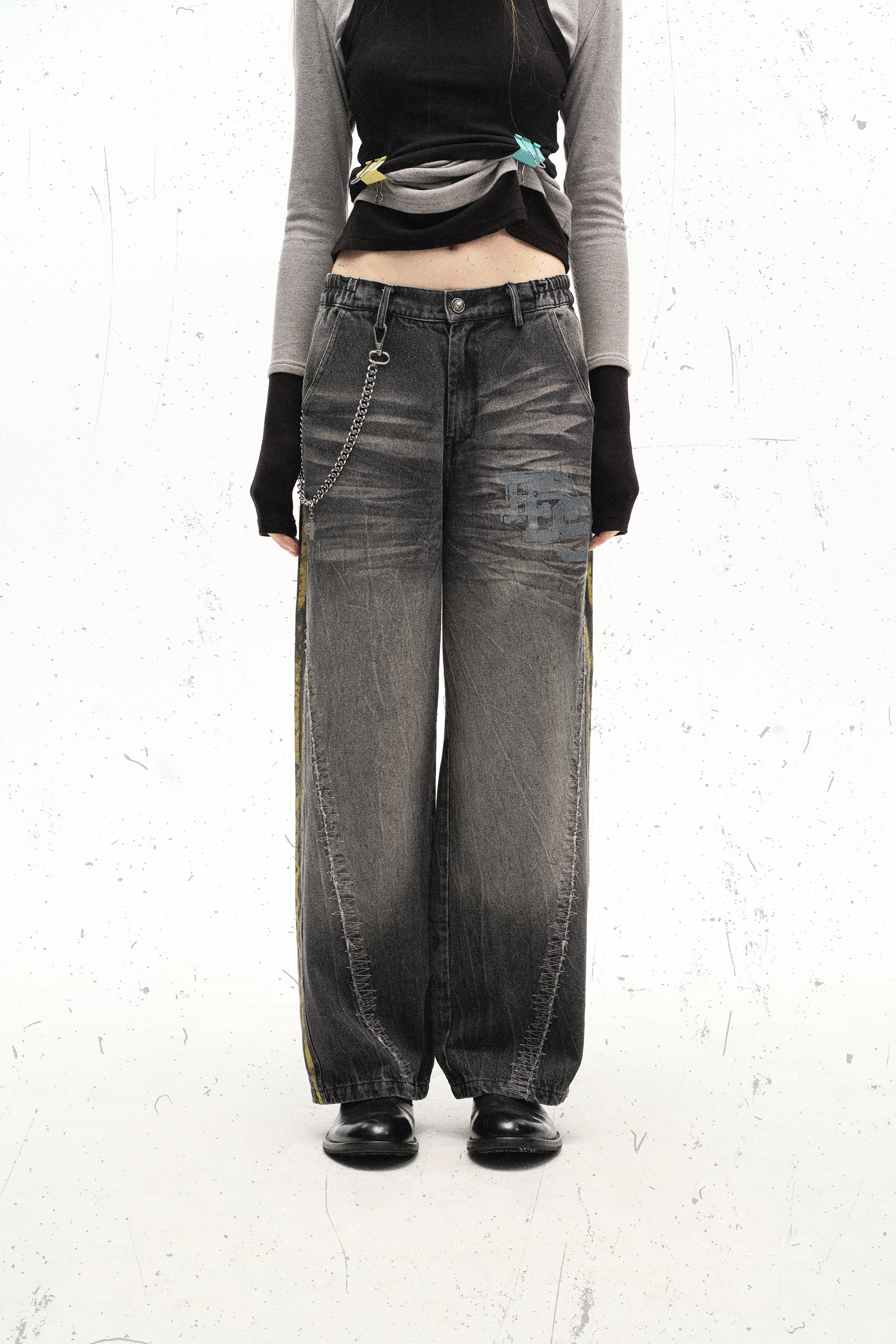 Washed Jeans Chain Loose Wide-Leg Pants 