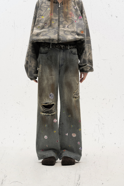 Washed Jeans Ripped Cartoon Loose Wide-Leg Pants 
