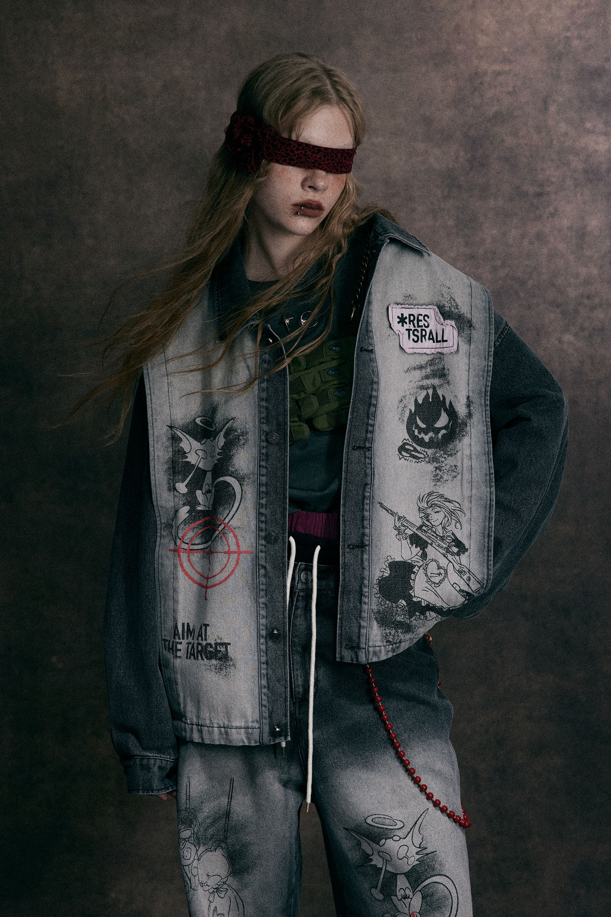 Denim Jacket Black Print Lapel Long Sleeve 
