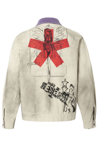 Print Jacket Beige Graffiti Lapel Long Sleeve 