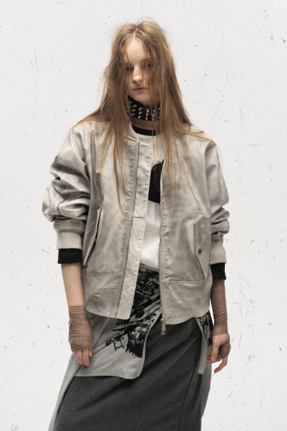 Cargo PU Bomber Jacket Gray Tie Dye Long Sleeve 