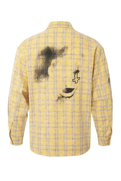 Shirt Jacket Yellow Plaid Unisex Patch Long Sleeve Top 