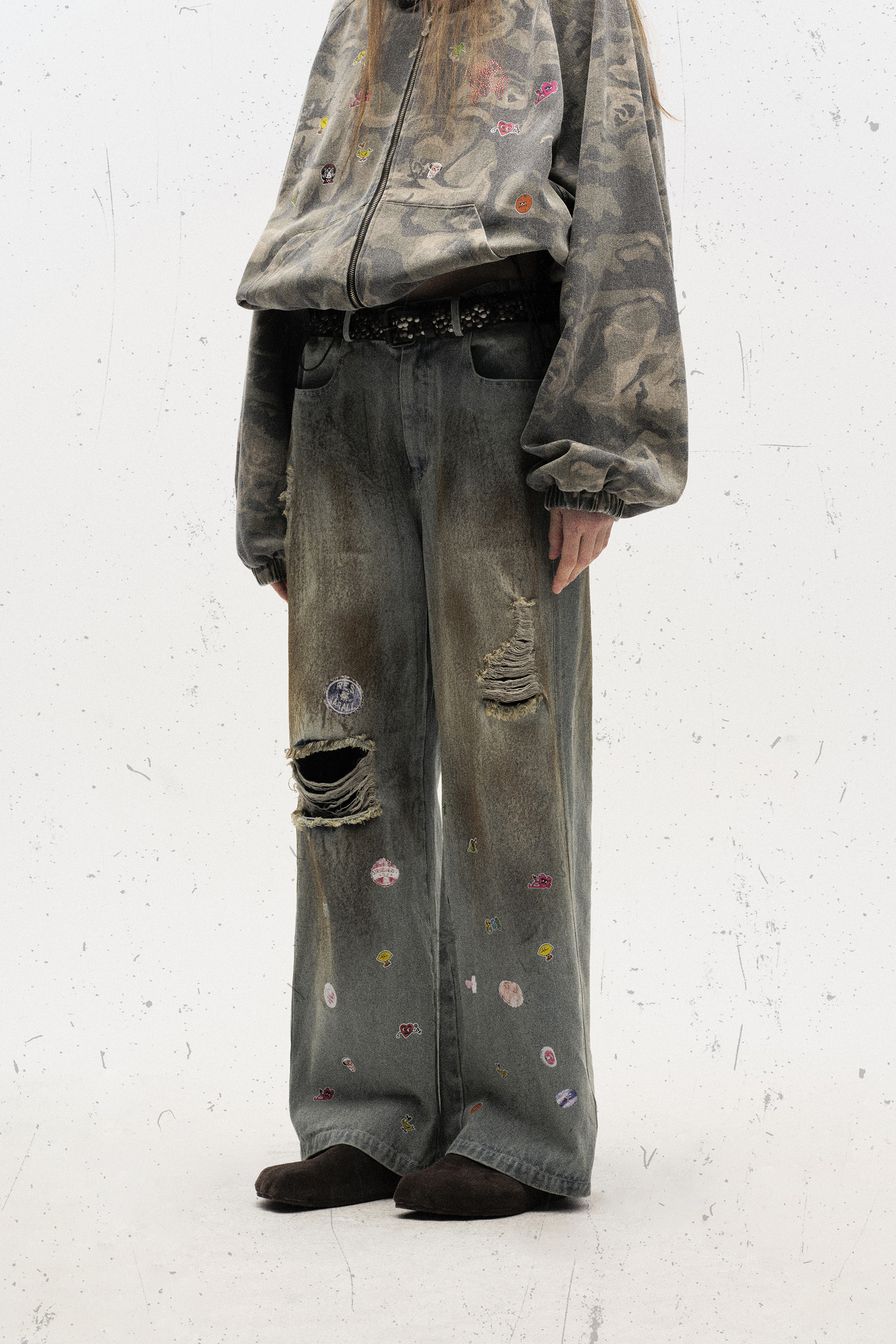 Washed Jeans Ripped Cartoon Loose Wide-Leg Pants 