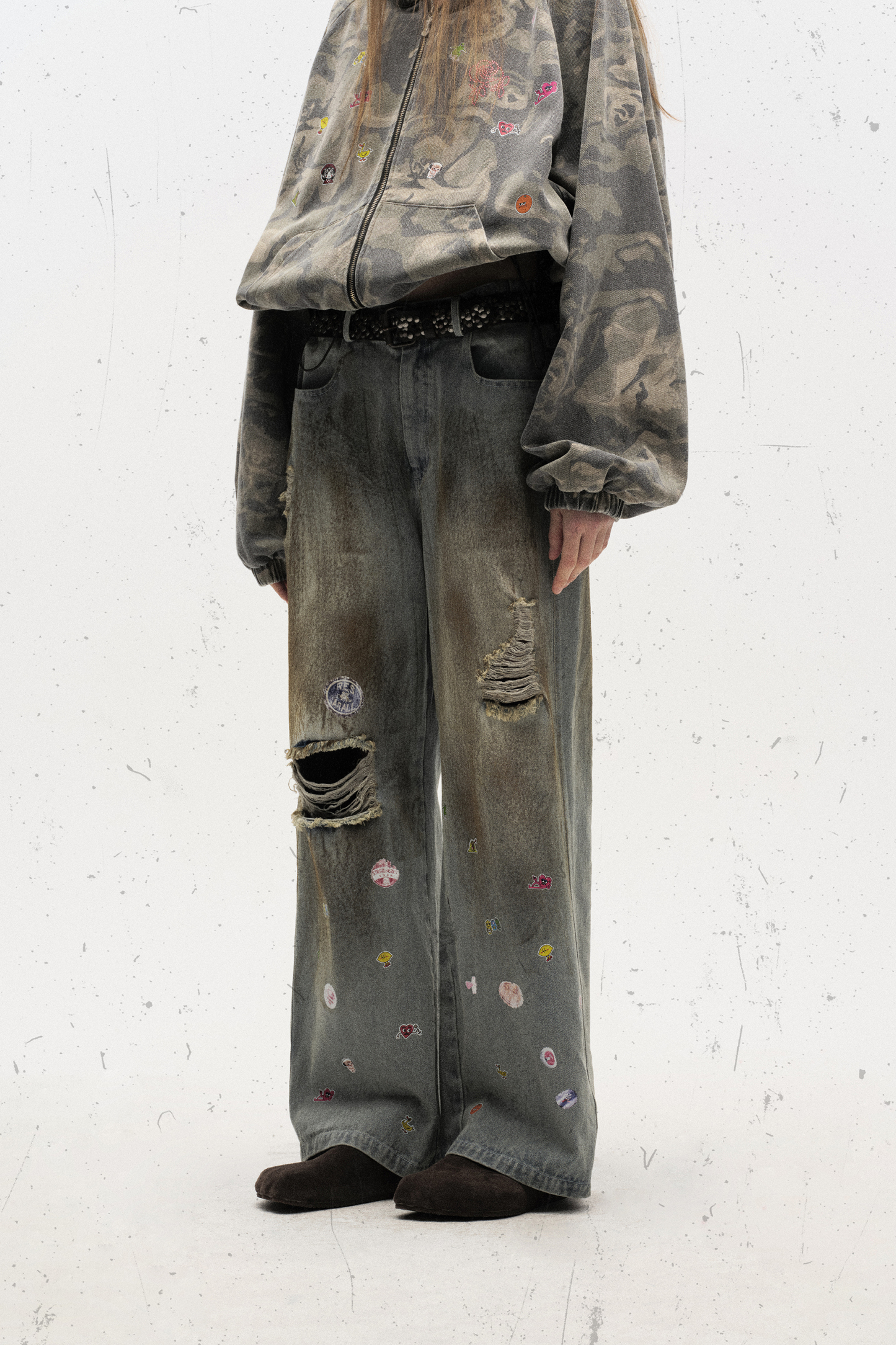 Washed Jeans Ripped Cartoon Loose Wide-Leg Pants 