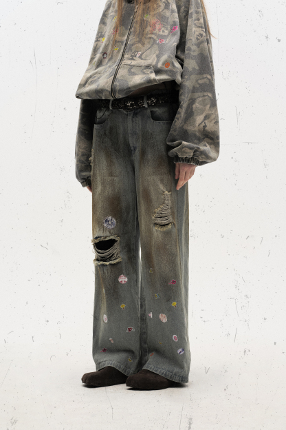 Washed Jeans Ripped Cartoon Loose Wide-Leg Pants 
