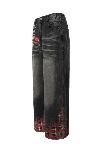Washed Jeans Print Plaid Loose Wide-Leg Pants 