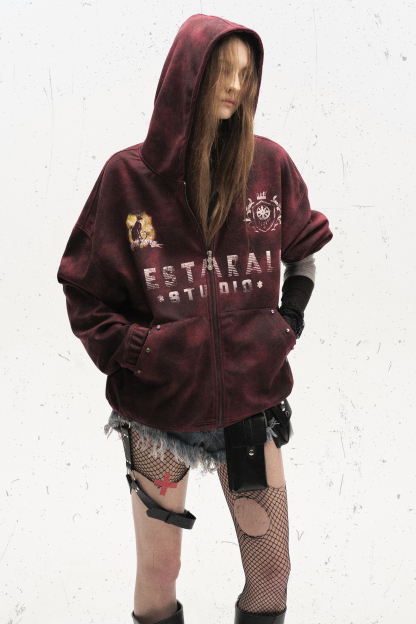 Tie Dye Hoodie Jacket Burgundy Long Sleeve Coat