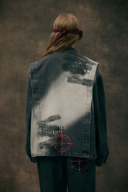 Denim Jacket Black Print Lapel Long Sleeve 