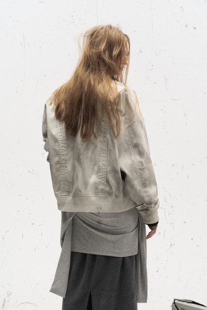 Cargo PU Bomber Jacket Gray Tie Dye Long Sleeve 