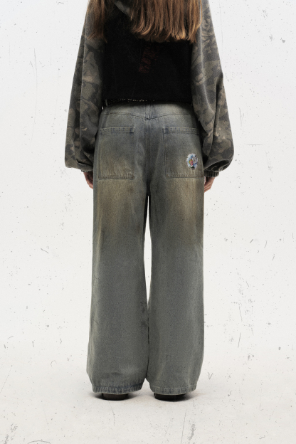 Washed Jeans Ripped Cartoon Loose Wide-Leg Pants 