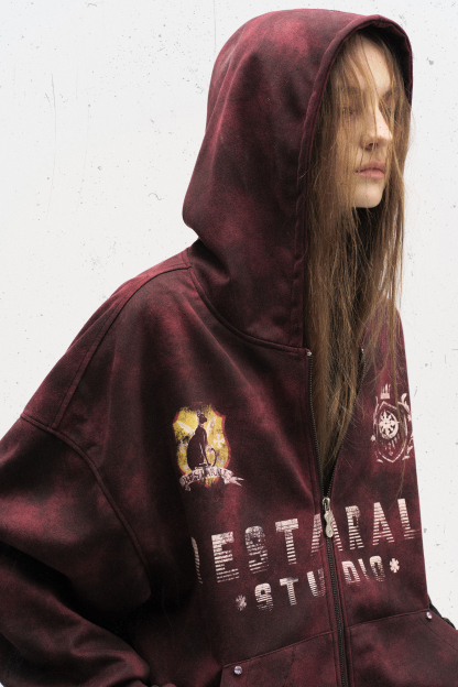 Tie Dye Hoodie Jacket Burgundy Long Sleeve Coat