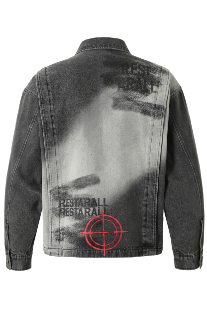 Denim Jacket Black Print Lapel Long Sleeve 