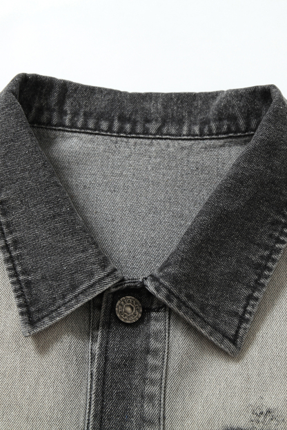 Denim Jacket Black Print Lapel Long Sleeve 