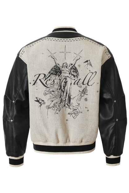 PU Bomber Jacket Black Stand Collar Long Sleeve 