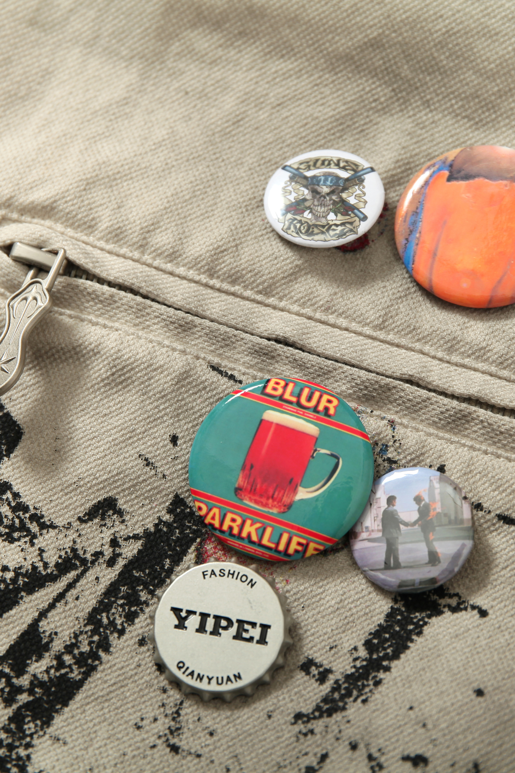 Print Jacket Beige Graffiti Lapel Long Sleeve 