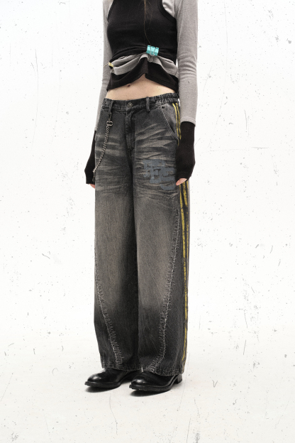 Washed Jeans Chain Loose Wide-Leg Pants 