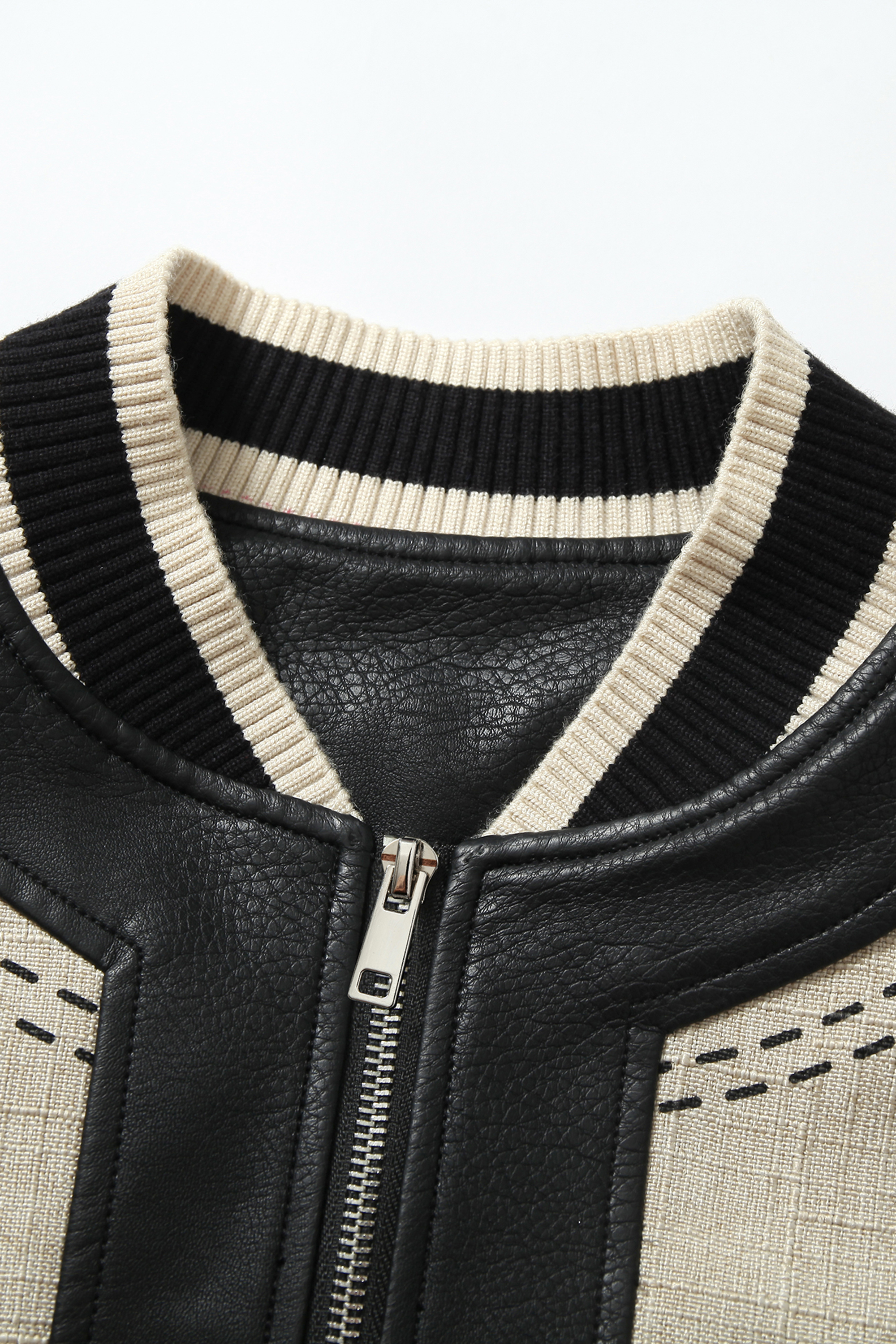 PU Bomber Jacket Black Stand Collar Long Sleeve 