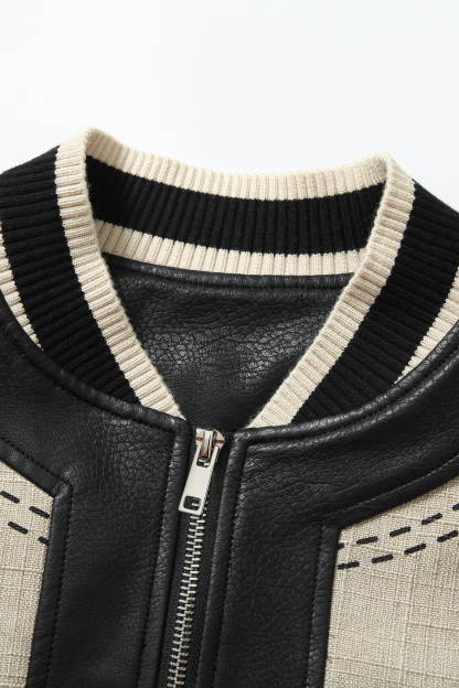PU Bomber Jacket Black Stand Collar Long Sleeve 