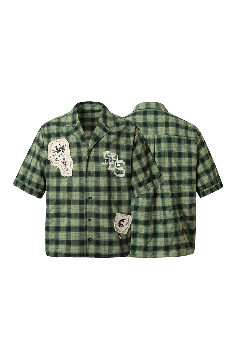 Shirt Jacket Green Plaid Patch Unisex Short Sleeve Top 