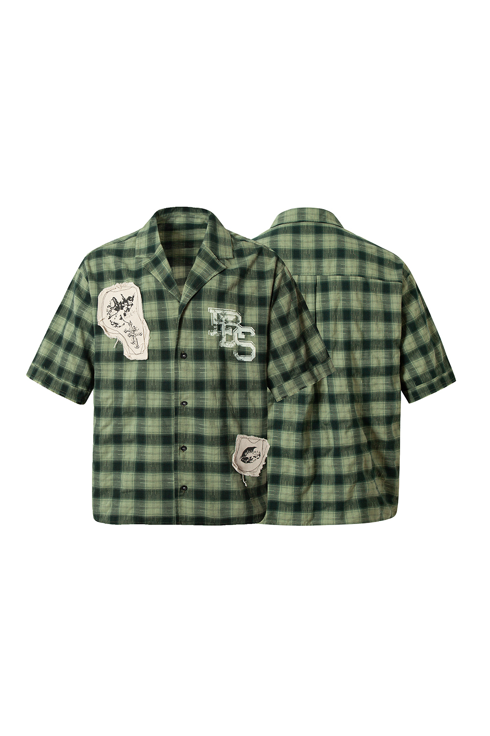 Shirt Jacket Green Plaid Patch Unisex Short Sleeve Top