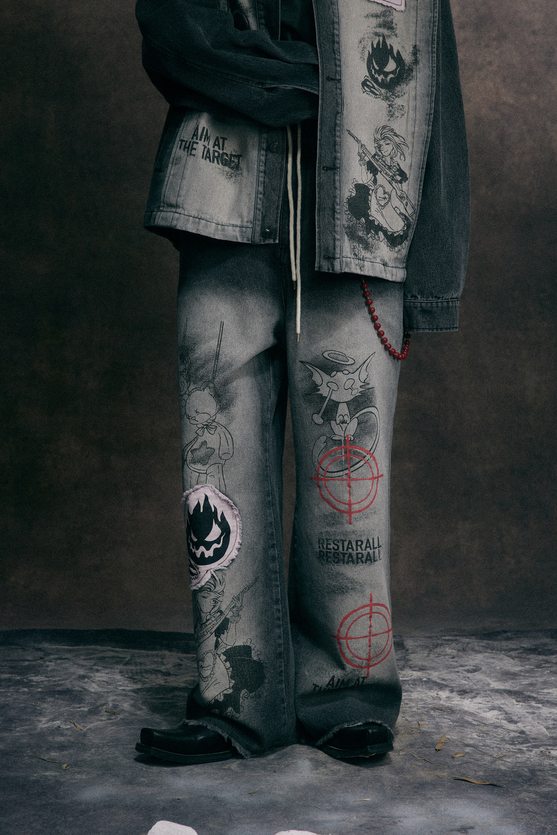 Washed Jeans Loose Patch Straight Leg Pants