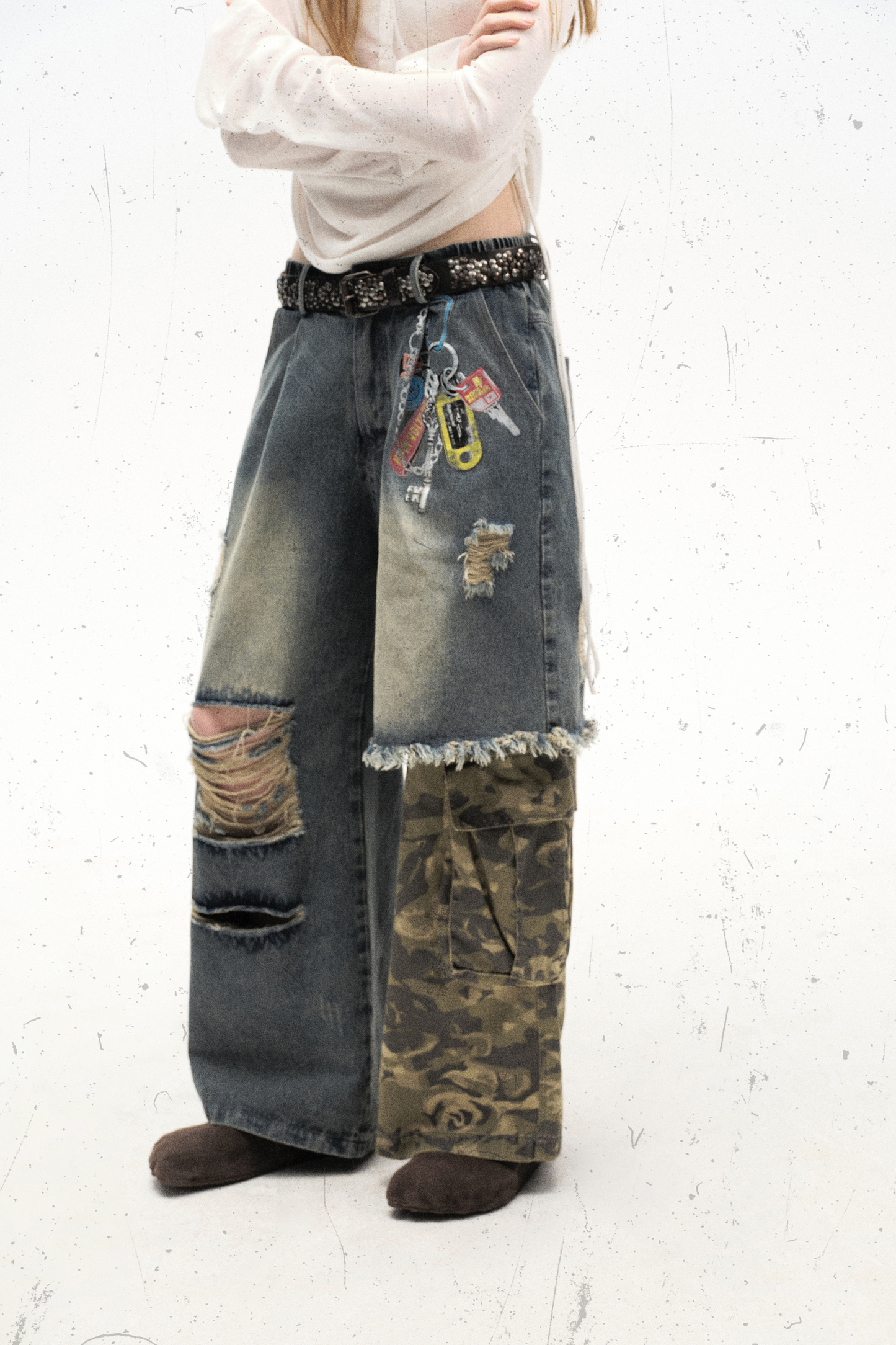 Washed Ripped Jeans Patch Camouflage Loose Straight Leg Pants 