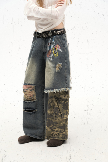 Washed Ripped Jeans Patch Camouflage Loose Straight Leg Pants 