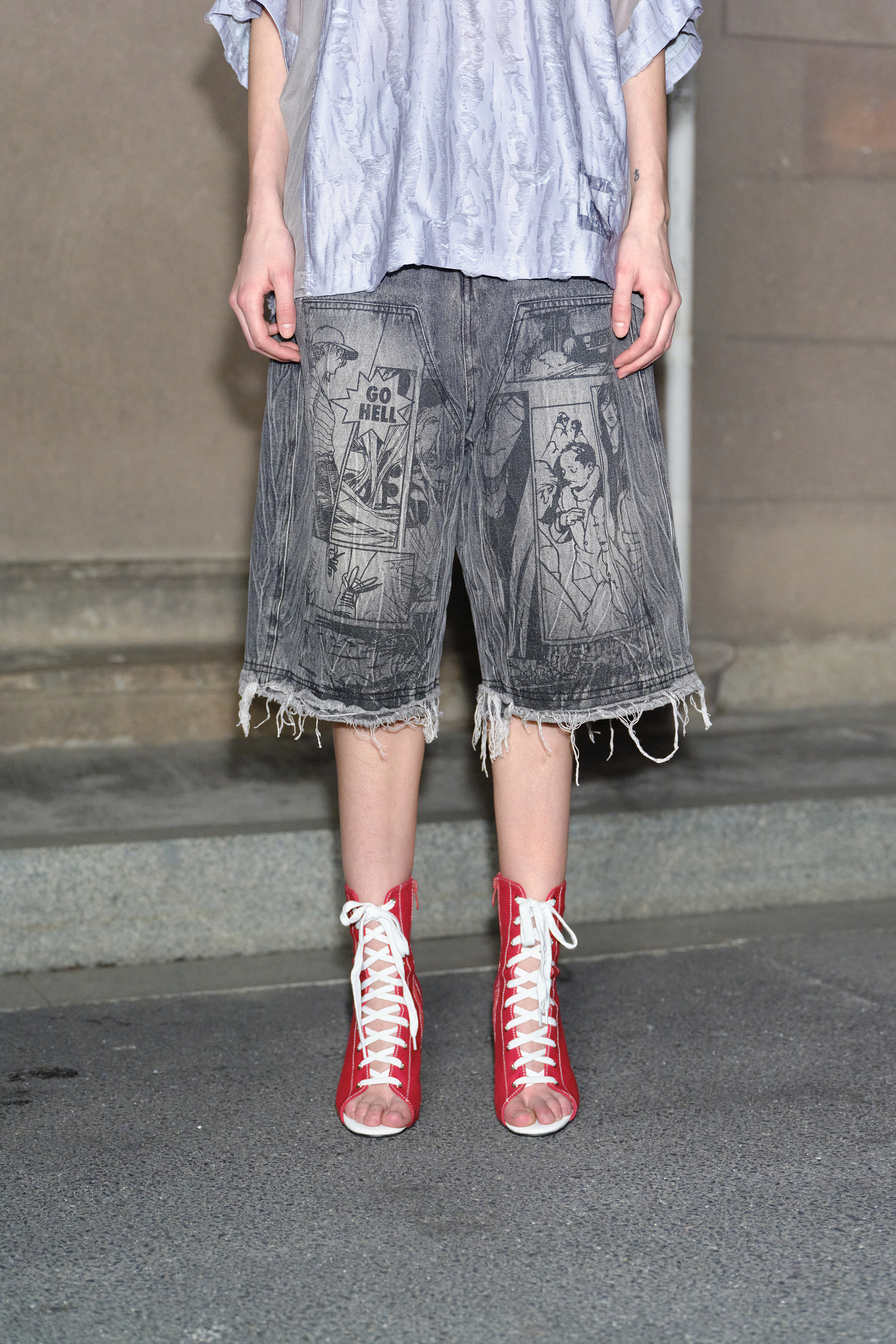 Washed Short Jeans Print Graffiti Loose Wide-Leg Knee Pants 