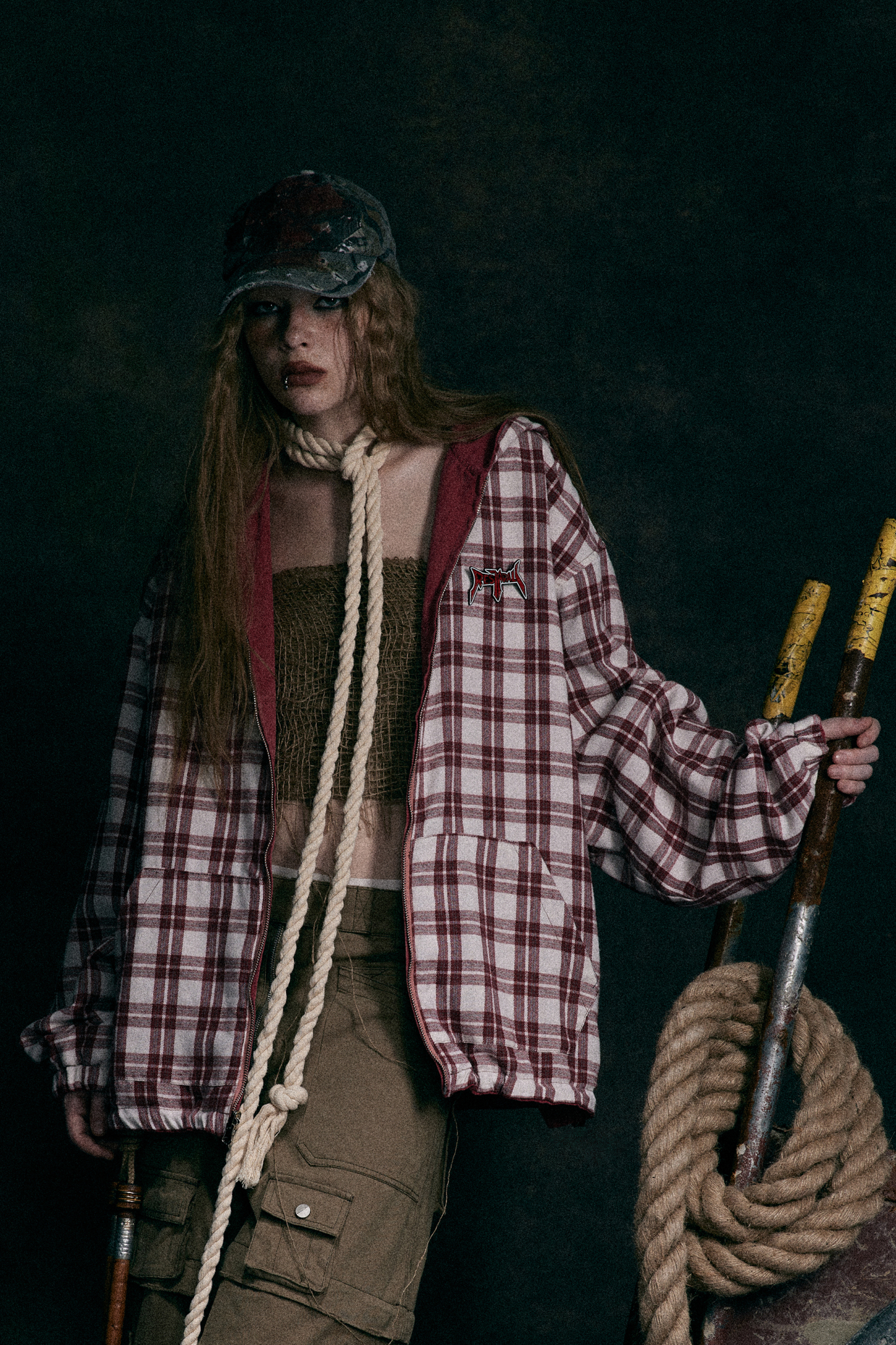 Hoodie Denim Jacket Red Plaid Reversible Long Sleeve Coat