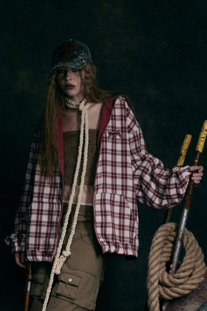 Hoodie Denim Jacket Red Plaid Reversible Long Sleeve Coat