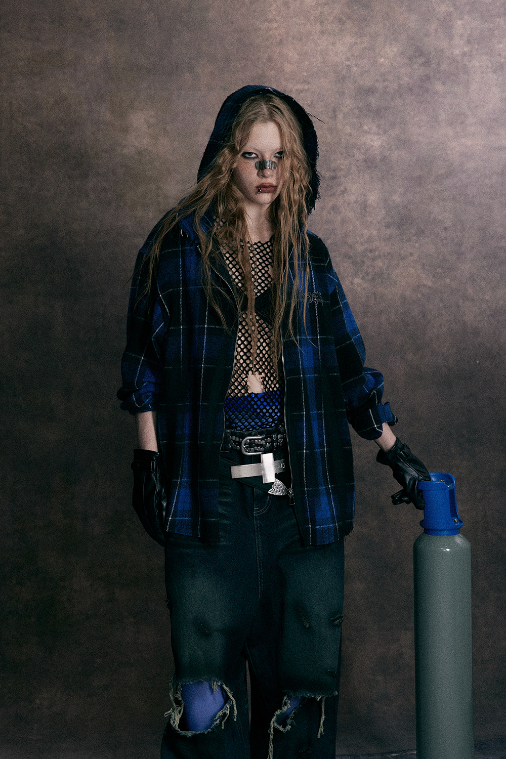 Hoodie Jacket Shirt Blue Plaid Unisex Gothic Long Sleeve Top 