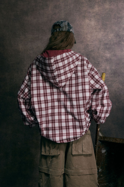Hoodie Denim Jacket Red Plaid Reversible Long Sleeve Coat