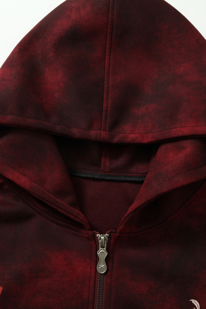 Tie Dye Hoodie Jacket Burgundy Long Sleeve Coat