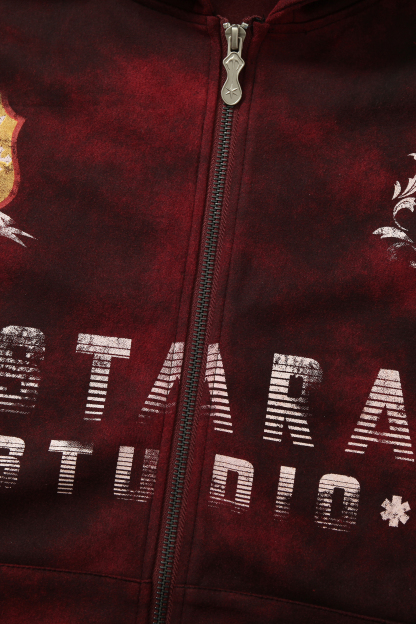 Tie Dye Hoodie Jacket Burgundy Long Sleeve Coat