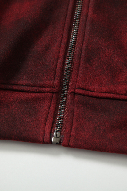 Tie Dye Hoodie Jacket Burgundy Long Sleeve Coat