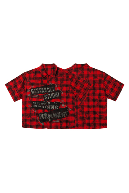 Shirt Jacket Red Plaid Pin Patch Unisex Short Sleeve Top 