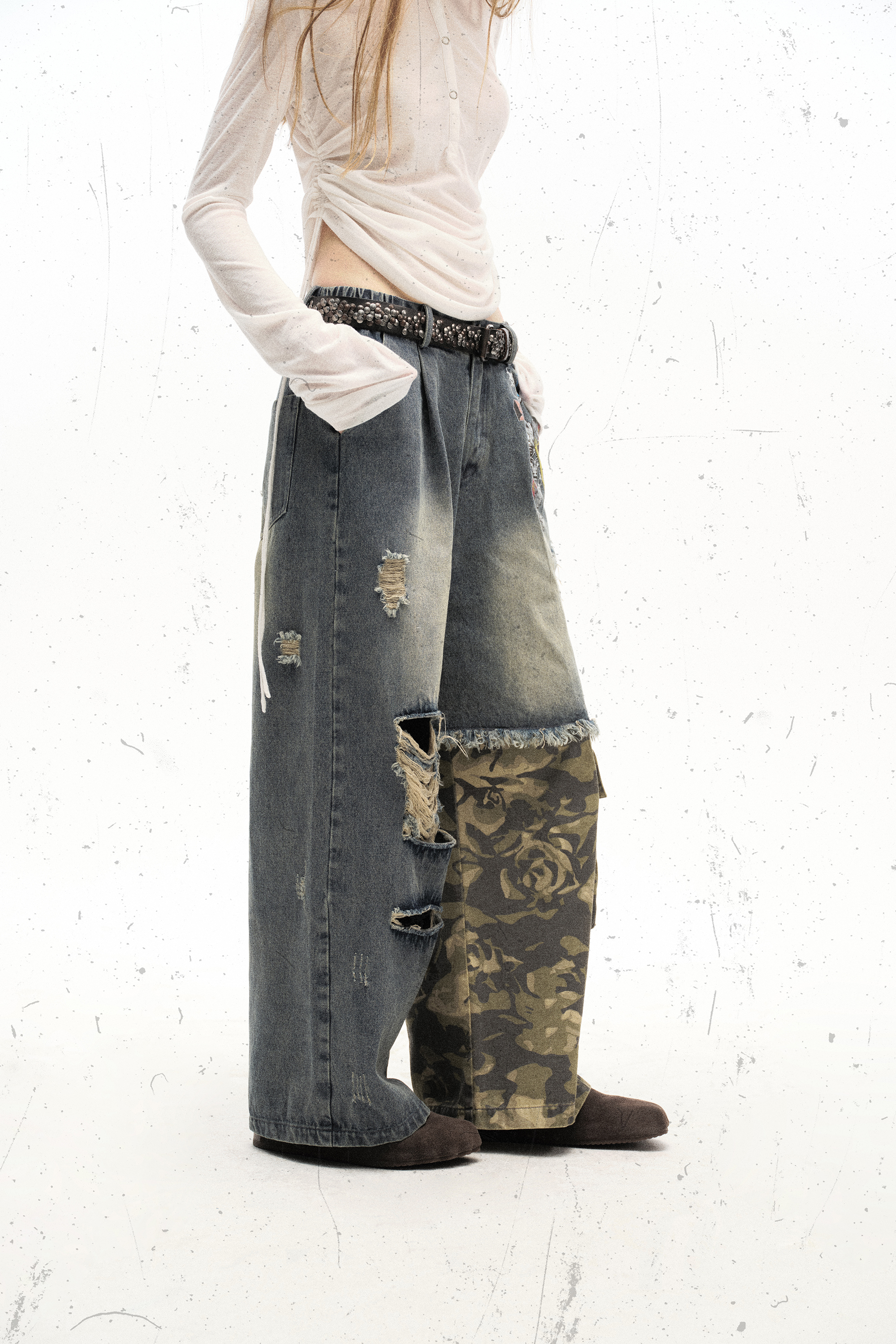 Washed Ripped Jeans Patch Camouflage Loose Straight Leg Pants 