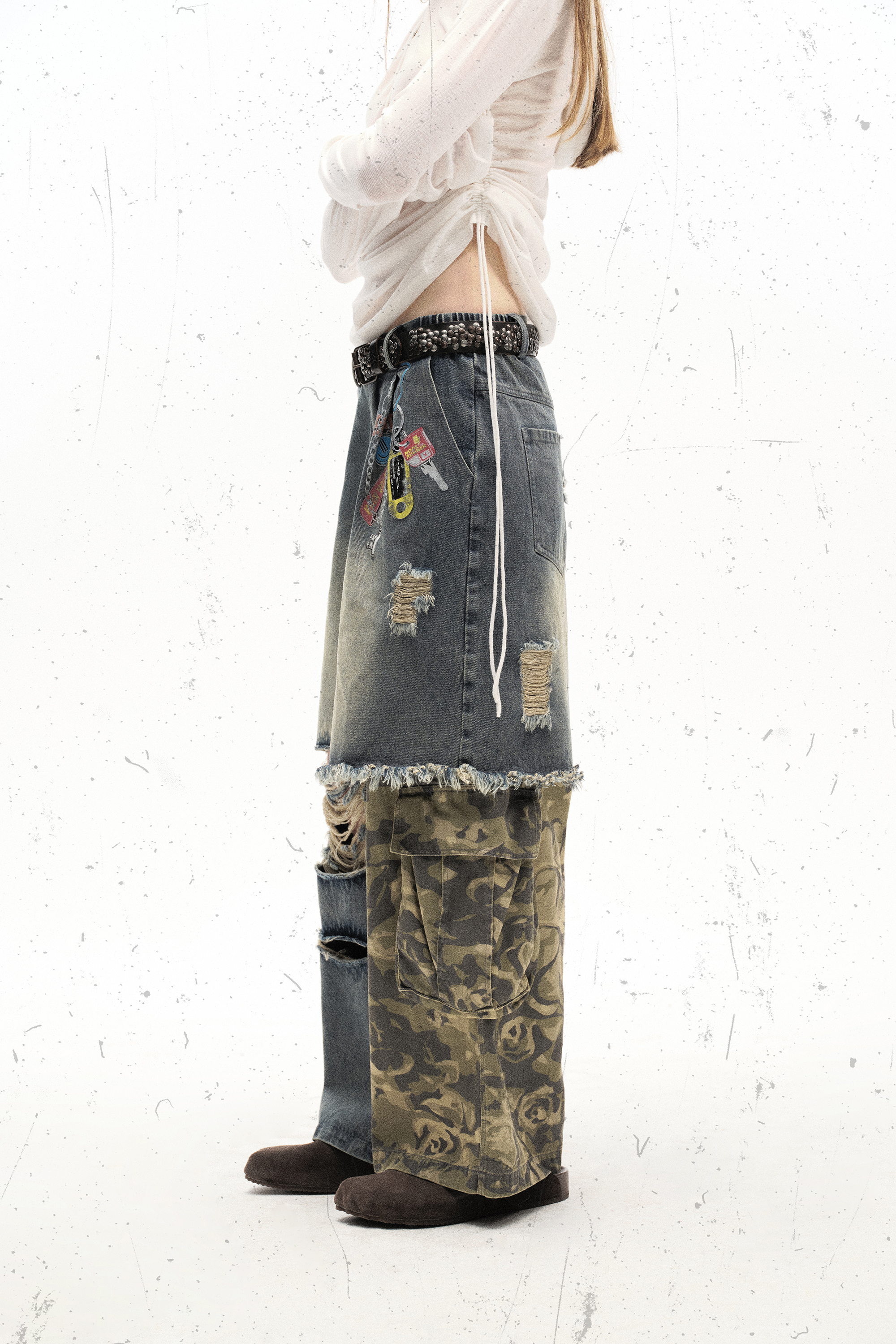 Washed Ripped Jeans Patch Camouflage Loose Straight Leg Pants 