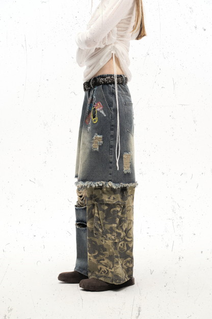 Washed Ripped Jeans Patch Camouflage Loose Straight Leg Pants 