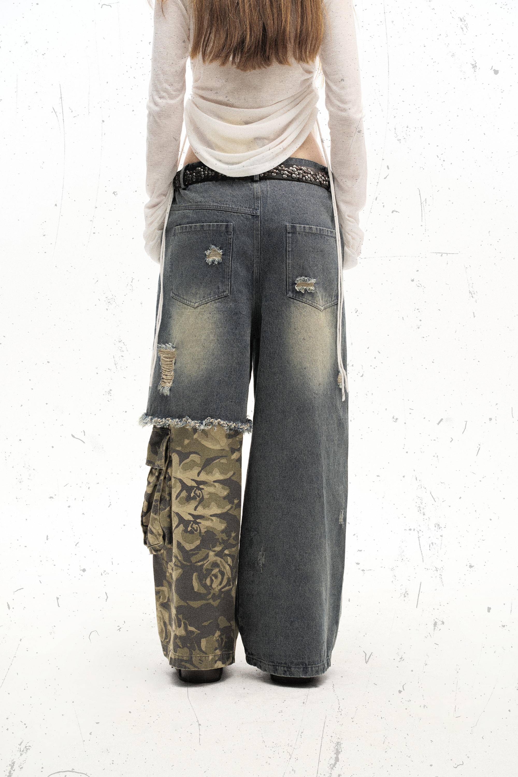 Washed Ripped Jeans Patch Camouflage Loose Straight Leg Pants 
