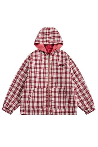 Hoodie Denim Jacket Red Plaid Reversible Long Sleeve Coat