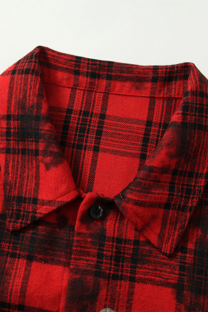 Shirt Jacket Red Plaid Pin Patch Unisex Short Sleeve Top 