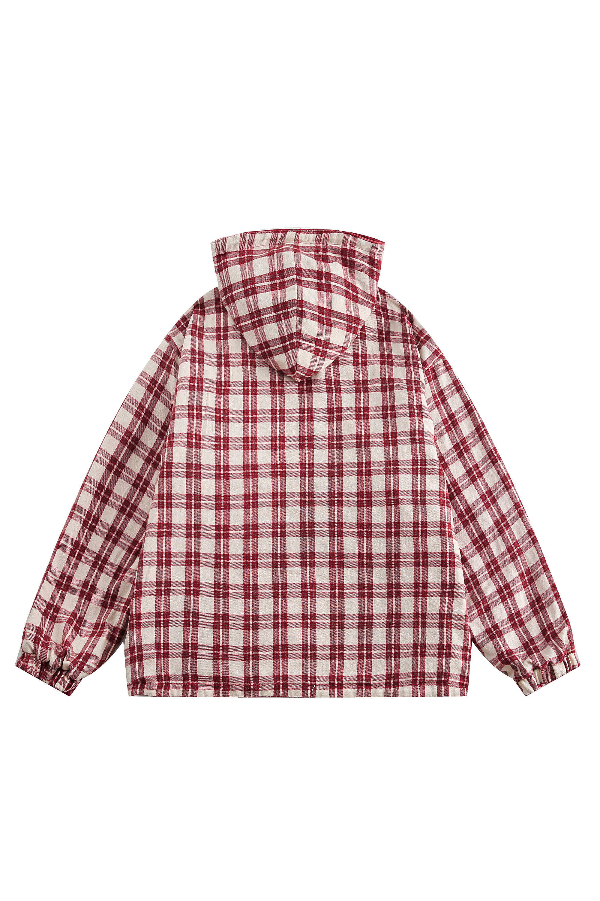 Hoodie Denim Jacket Red Plaid Reversible Long Sleeve Coat
