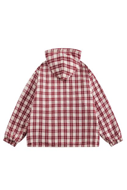 Hoodie Denim Jacket Red Plaid Reversible Long Sleeve Coat
